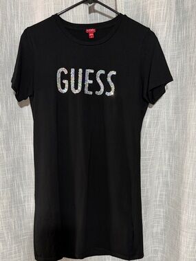 GUESS Black Sequin Logo Knee Length T-Shirt Dress Crew Neck Size S